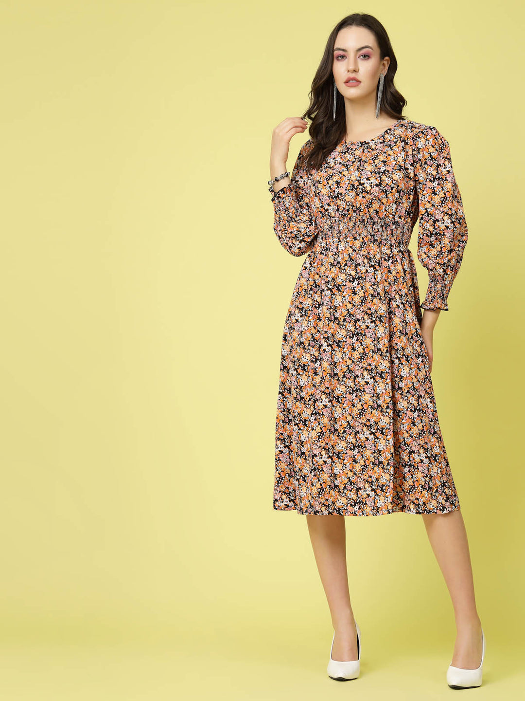 Black  Orange Floral Printed Puff Sleeves Smocked Detail Fit  Flare Dress