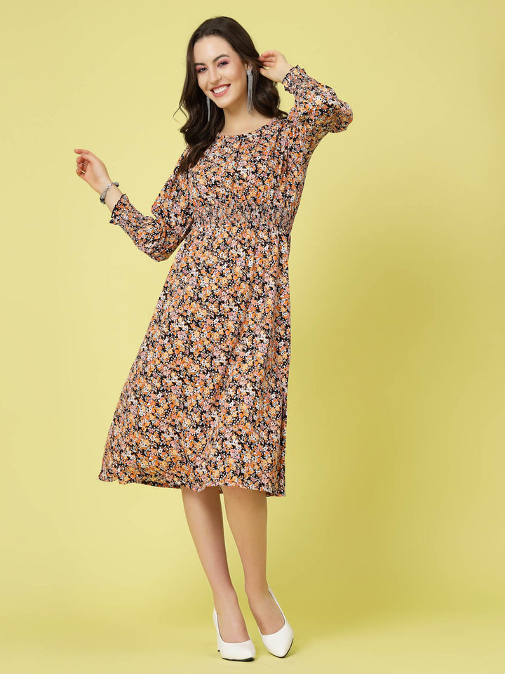 Black  Orange Floral Printed Puff Sleeves Smocked Detail Fit  Flare Dress