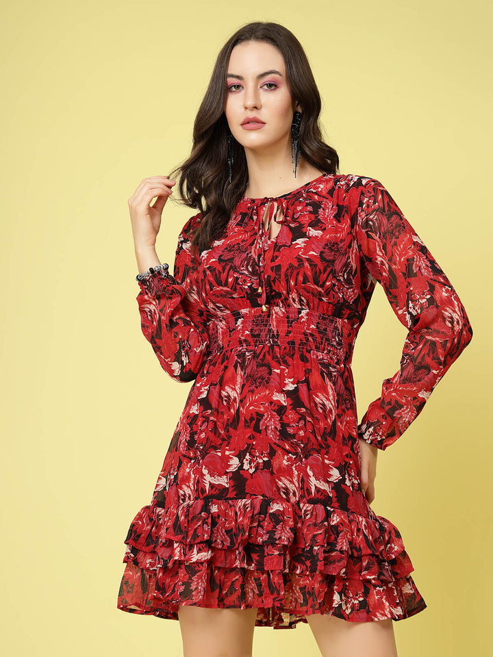 Red Floral Printed Tie-Up Neck Layered Smocked Fit  Flare Dress