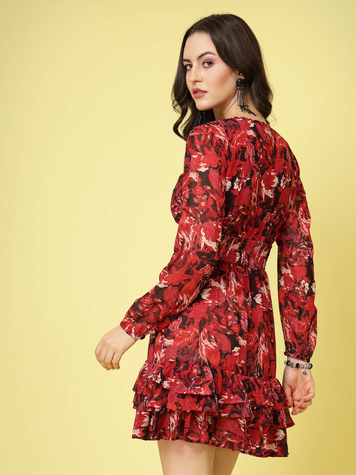 Red Floral Printed Tie-Up Neck Layered Smocked Fit  Flare Dress