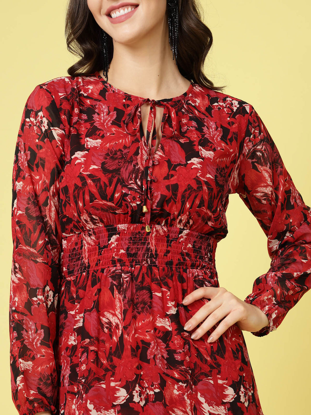 Red Floral Printed Tie-Up Neck Layered Smocked Fit  Flare Dress