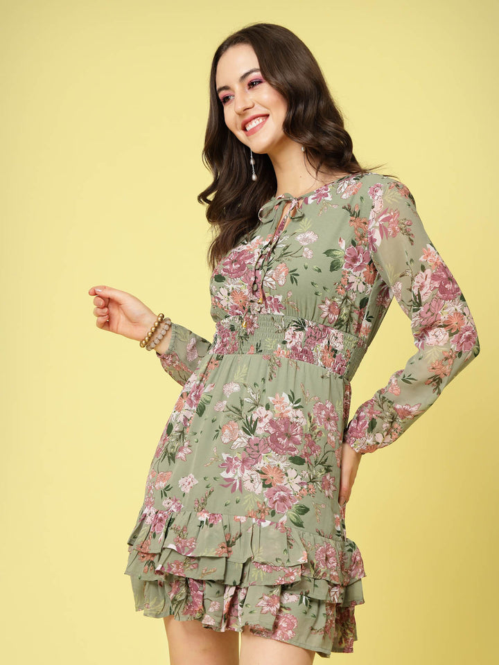 Olive Green Floral Printed Tie-Up Neck Layered Smocked Detail Fit  Flare Dress