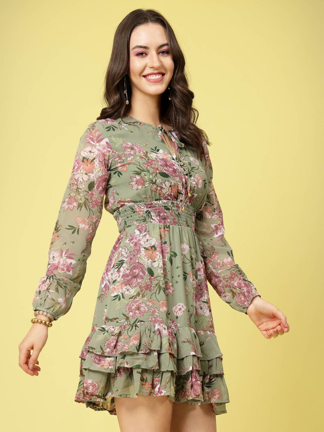 Olive Green Floral Printed Tie-Up Neck Layered Smocked Detail Fit  Flare Dress