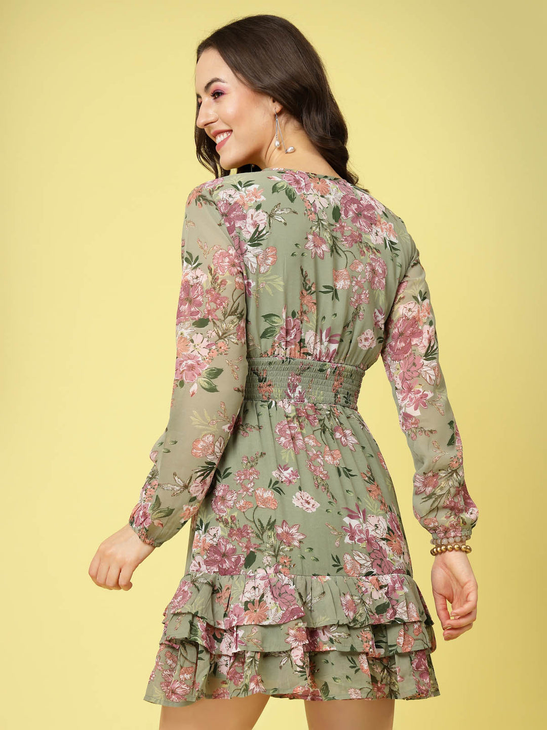 Olive Green Floral Printed Tie-Up Neck Layered Smocked Detail Fit  Flare Dress