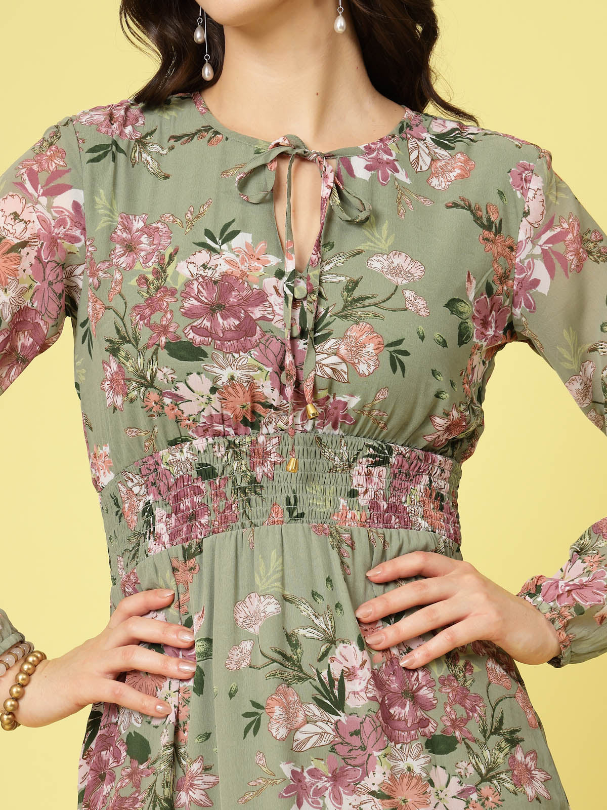 Olive Green Floral Printed V-neck Gathered Tiered Fit Flare Mini Dress –