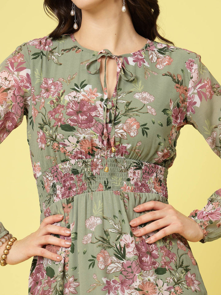 Olive Green Floral Printed Tie-Up Neck Layered Smocked Detail Fit  Flare Dress