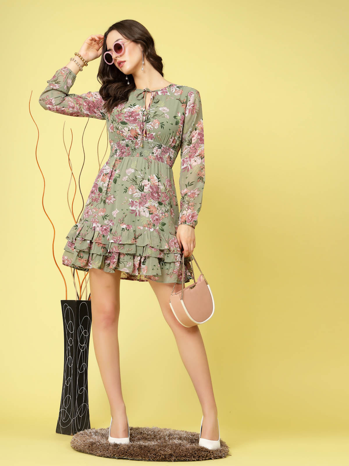 Olive Green Floral Printed V-neck Gathered Tiered Fit Flare Mini Dress –