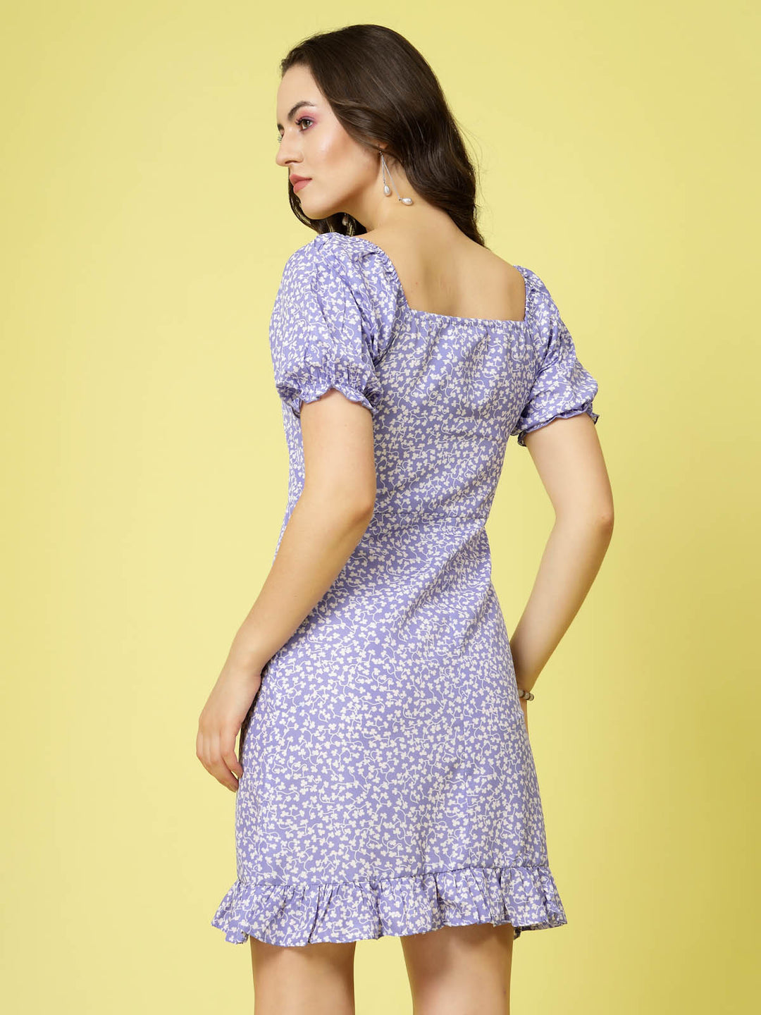 Purple Floral Printed Sweetheart Neck Puff Sleeve Gathered Tiered A-Line Dress