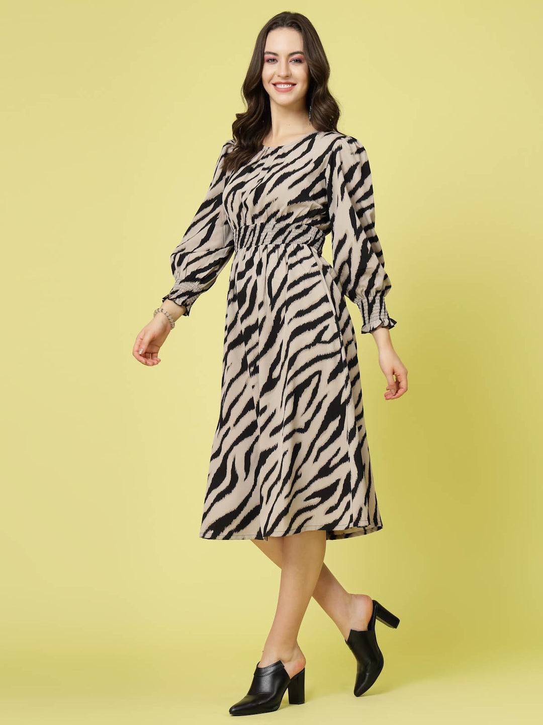 Brown  Black Animal Printed Puff Sleeves Smocked Detail Fit  Flare Dress