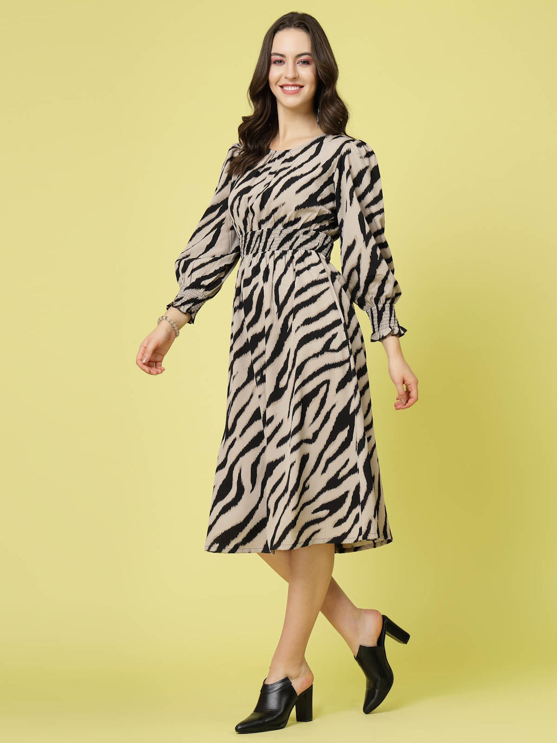 Brown  Black Animal Printed Puff Sleeves Smocked Detail Fit  Flare Dress