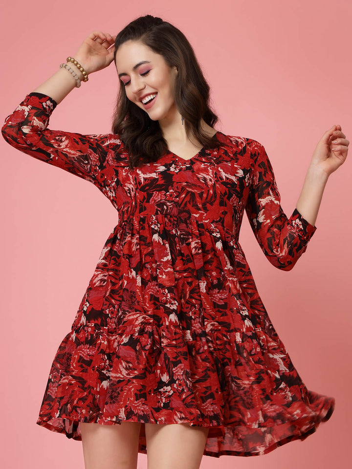 Red  Black Floral Printed V-Neck Gathered Fit  Flare Mini Dress