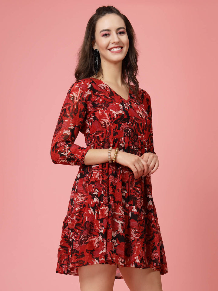 Red  Black Floral Printed V-Neck Gathered Fit  Flare Mini Dress