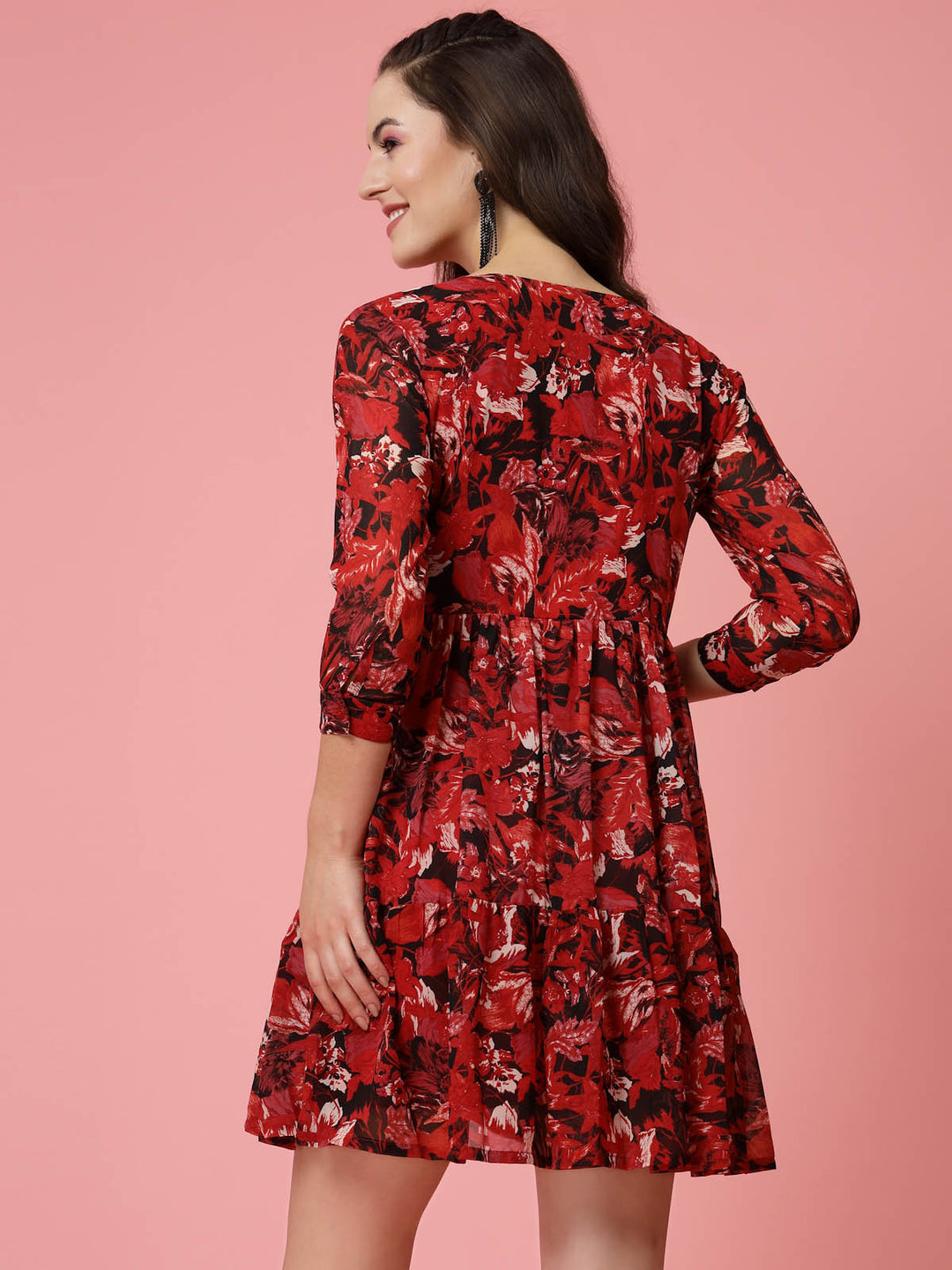 Red  Black Floral Printed V-Neck Gathered Fit  Flare Mini Dress