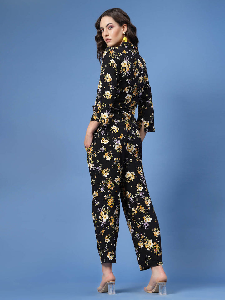 Black  Yellow Floral Printed Top and Trousers