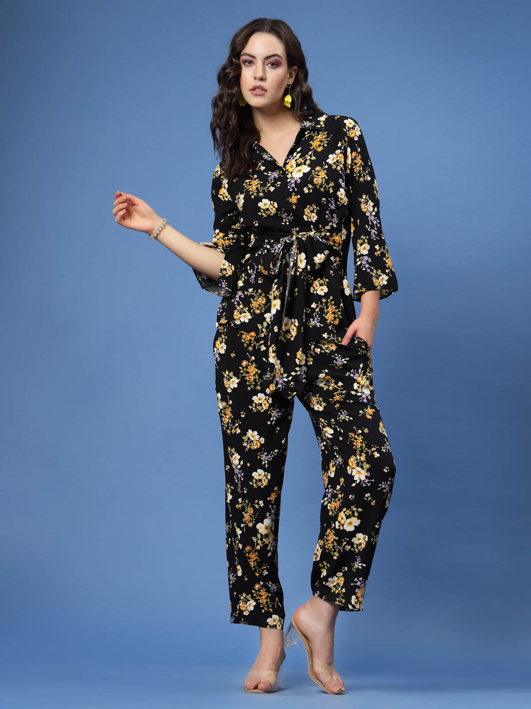 Black  Yellow Floral Printed Top and Trousers