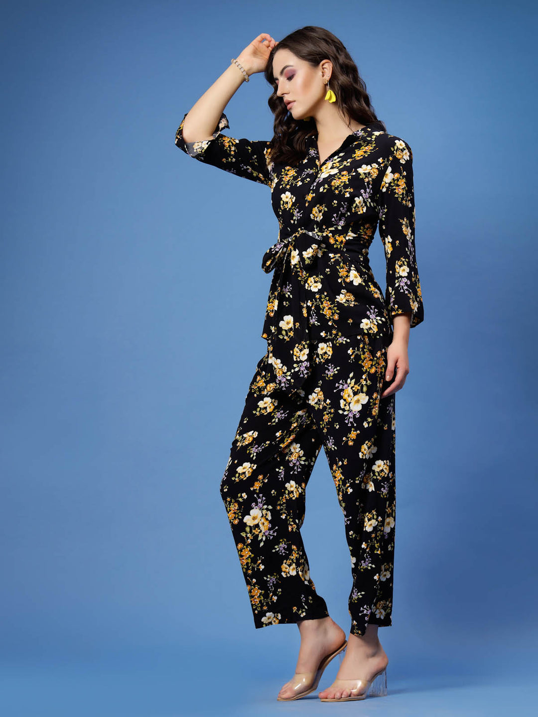 Black  Yellow Floral Printed Top and Trousers