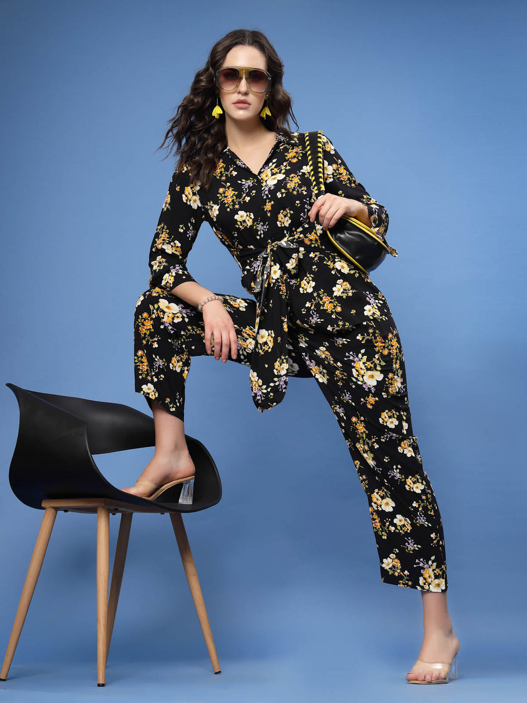 Black  Yellow Floral Printed Top and Trousers