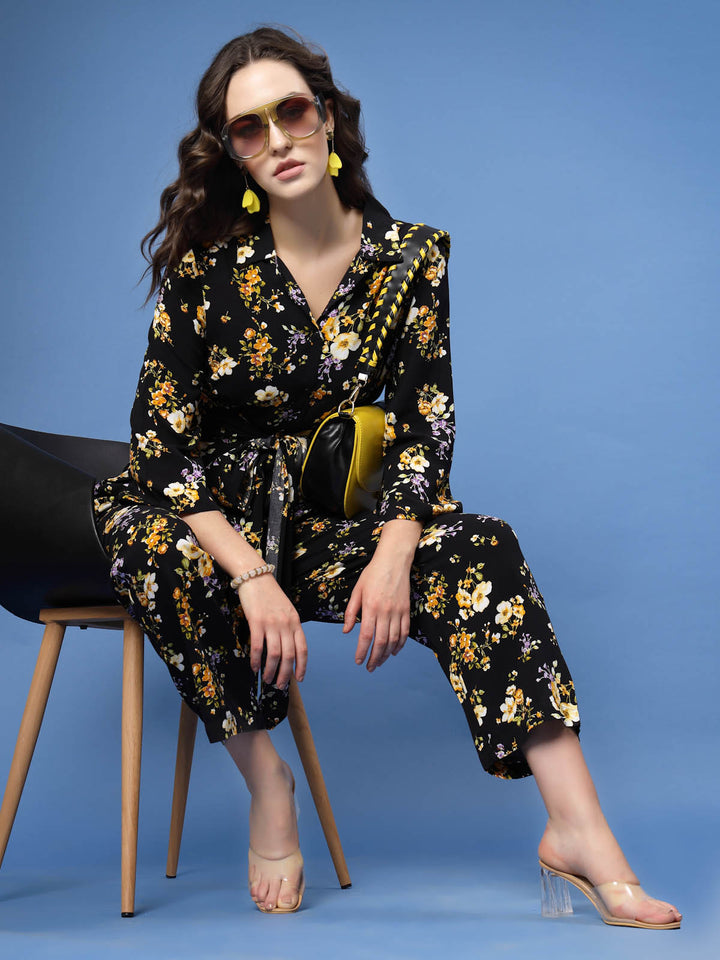 Black  Yellow Floral Printed Top and Trousers