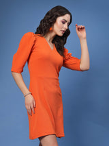 Orange V-Neck Puff Sleeves A-Line Mini Dress