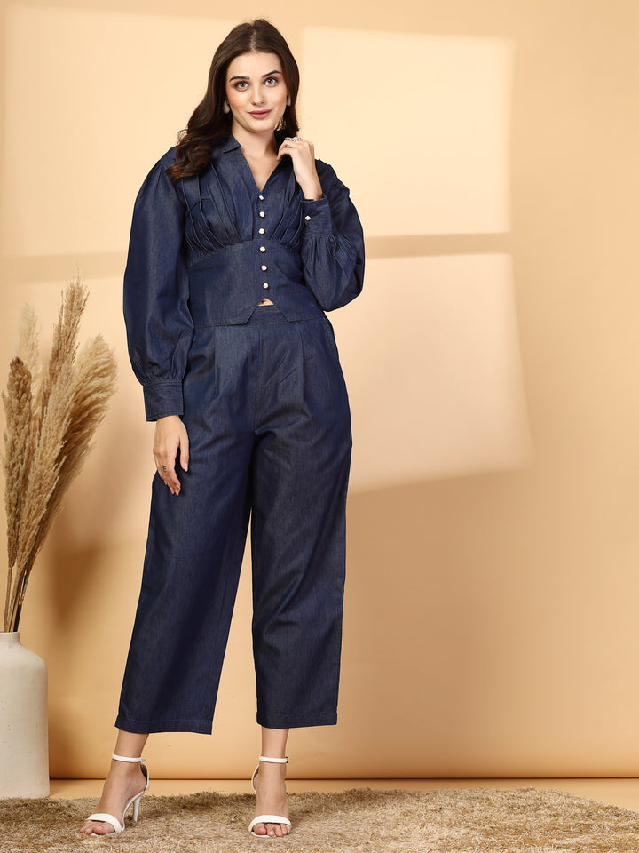 Pure Cotton Shirt Collar Neck Top With Trousers Co-Ords