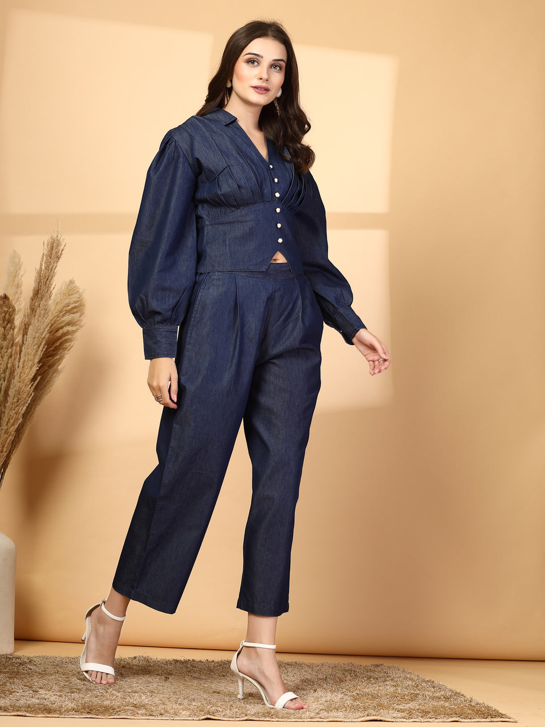 Pure Cotton Shirt Collar Neck Top With Trousers Co-Ords