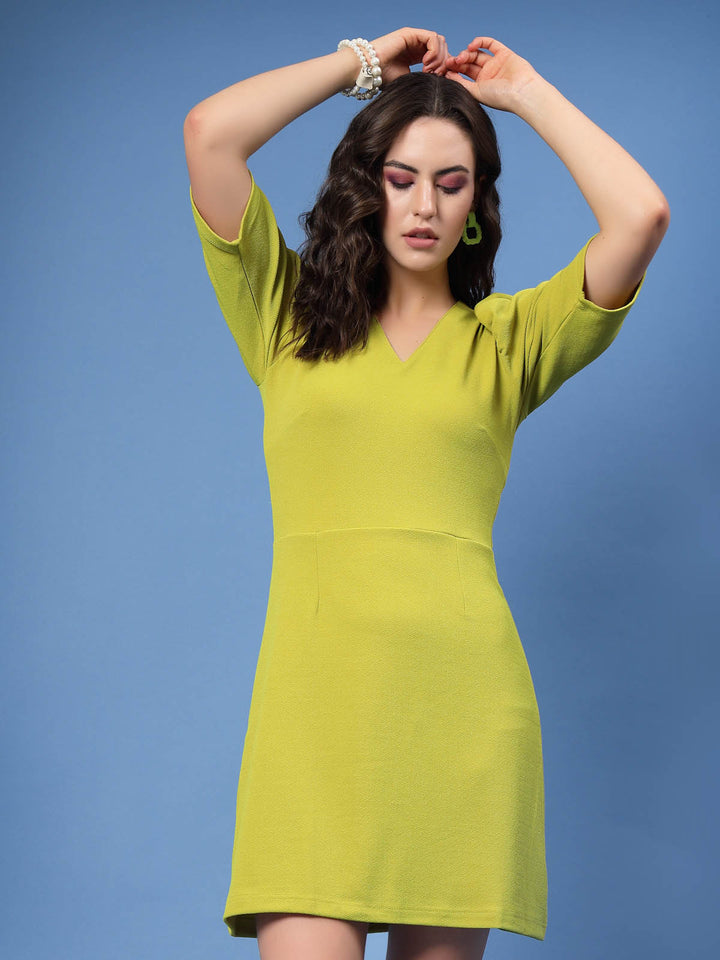 Lime Green V-Neck Puff Sleeves A-Line Mini Dress