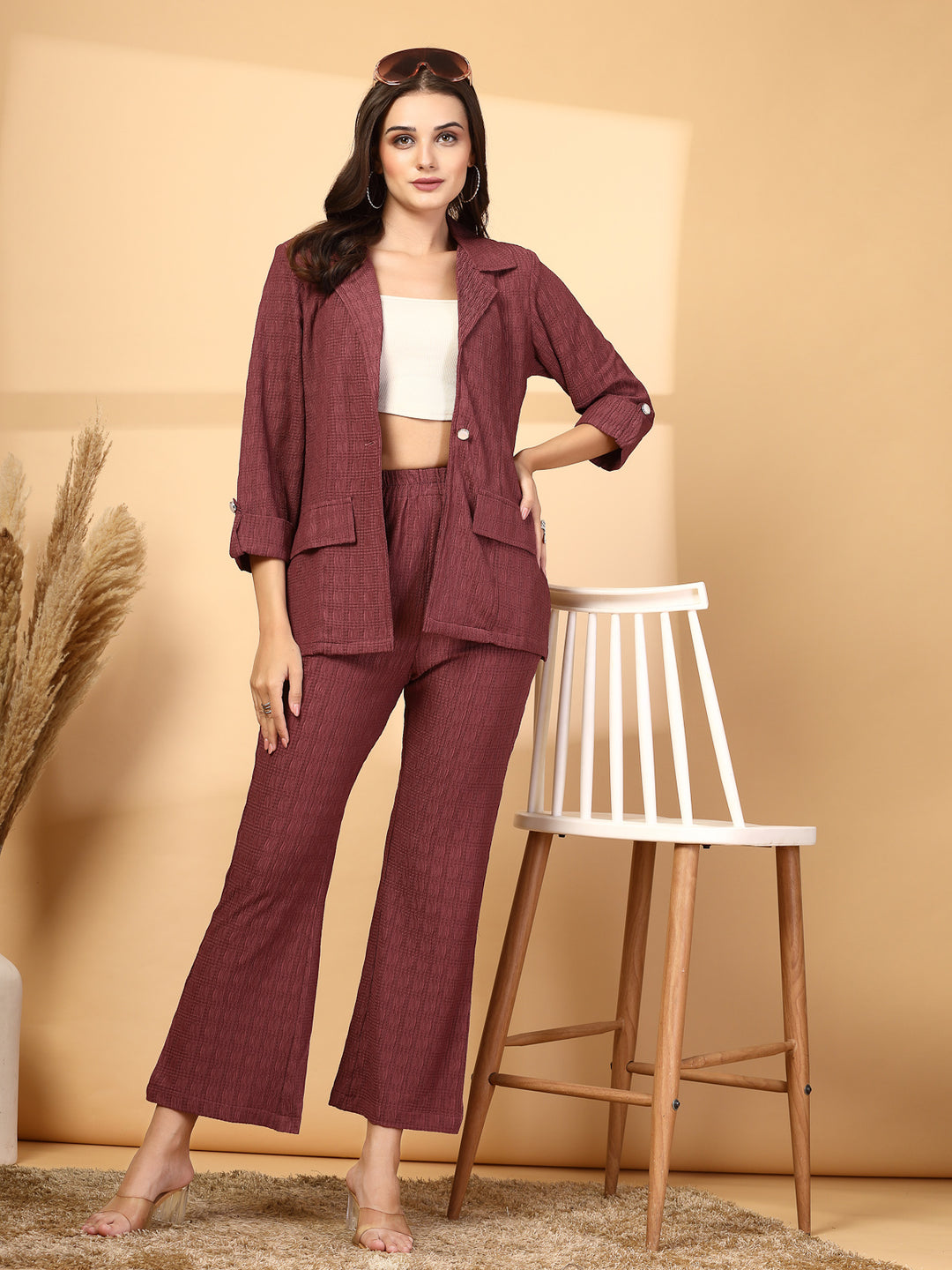 Self Design Blazer With Trousers Co-Ords