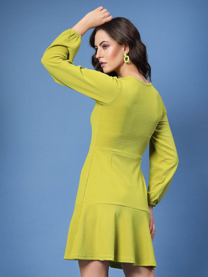 Lime Green Cut-Out Round Neck Puff Sleeveless A-Line Mini Dress