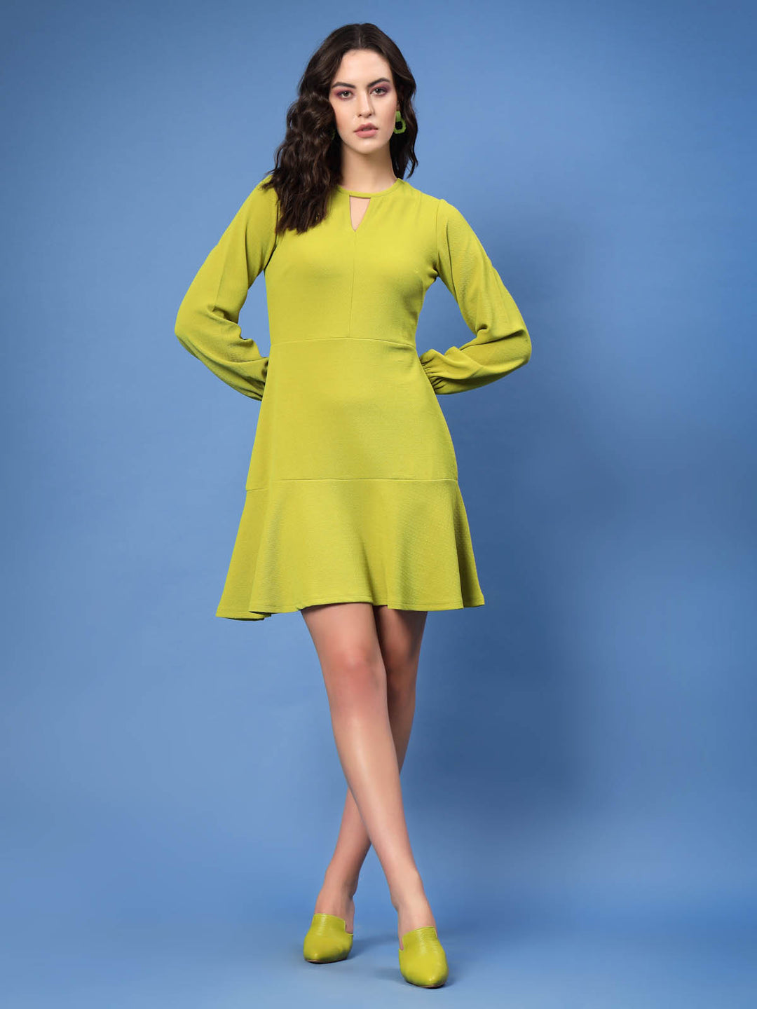 Lime Green Cut-Out Round Neck Puff Sleeveless A-Line Mini Dress