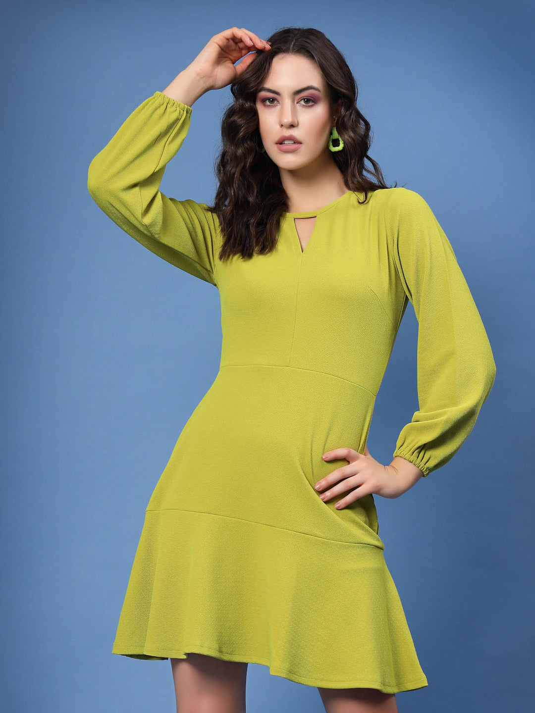 Lime Green Cut-Out Round Neck Puff Sleeveless A-Line Mini Dress