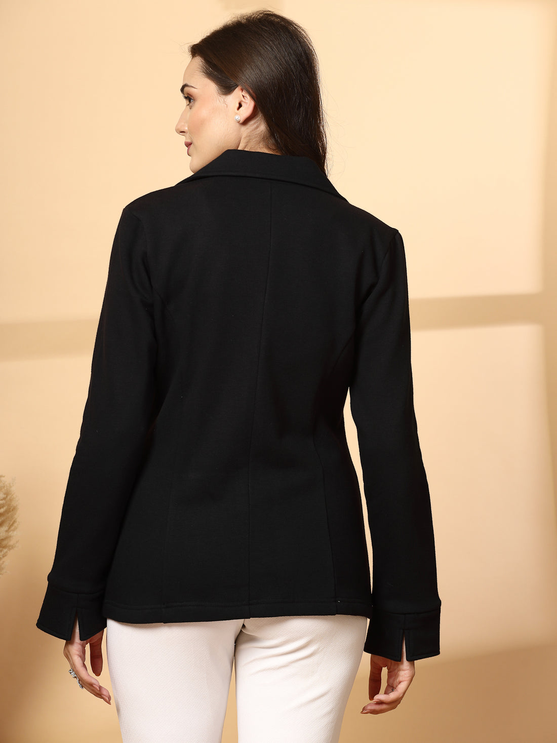 Plus Size Women Lapel Collar Solid Fleece Casual Tailored Jacket