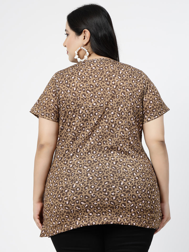 Plus Size Brown Animal Printed Cotton T-shirt