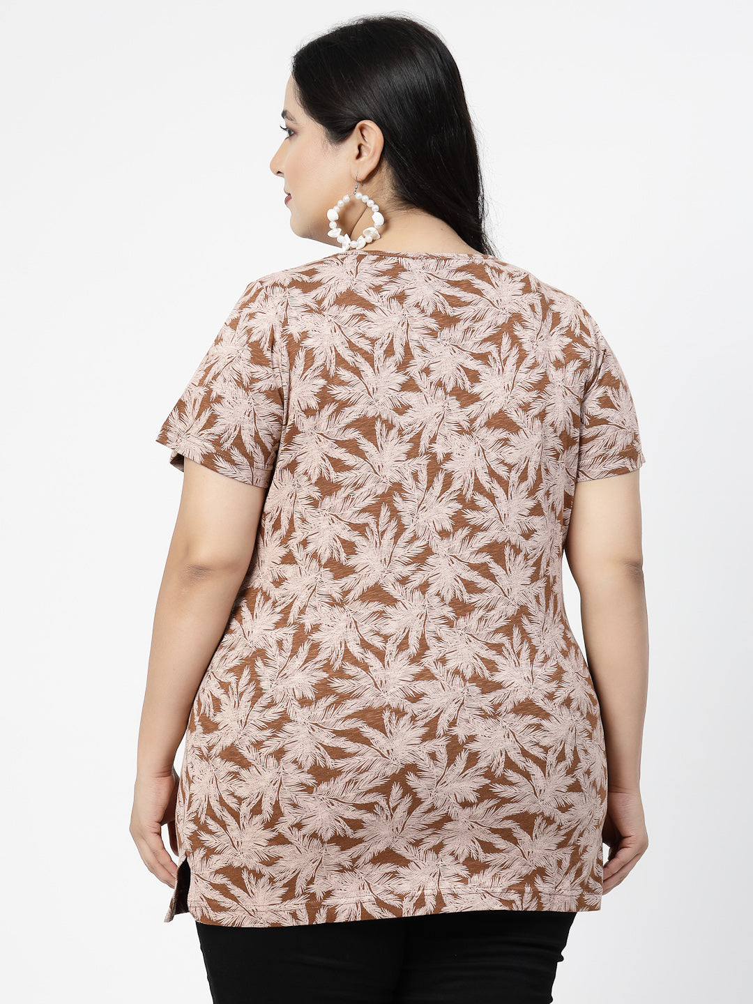 Plus Size Brown Floral Printed Cotton T-shirt