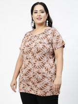 Plus Size Brown Floral Printed Cotton T-shirt