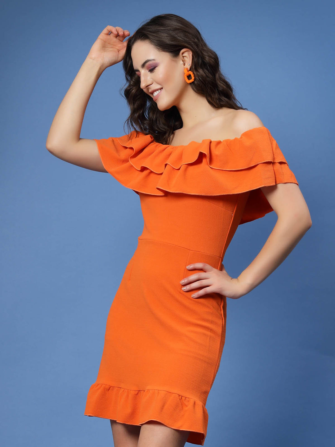 Orange Off-Shoulder Ruffles Sheath Dress