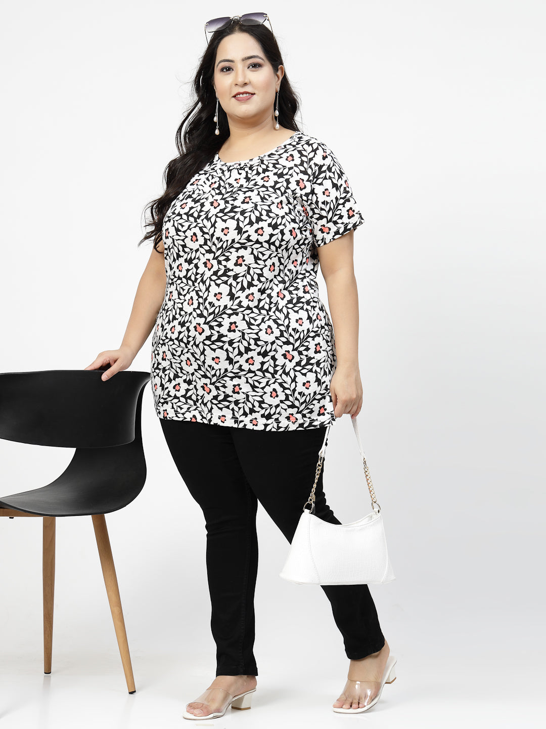 Plus Size Black Floral Printed Cotton T-shirt