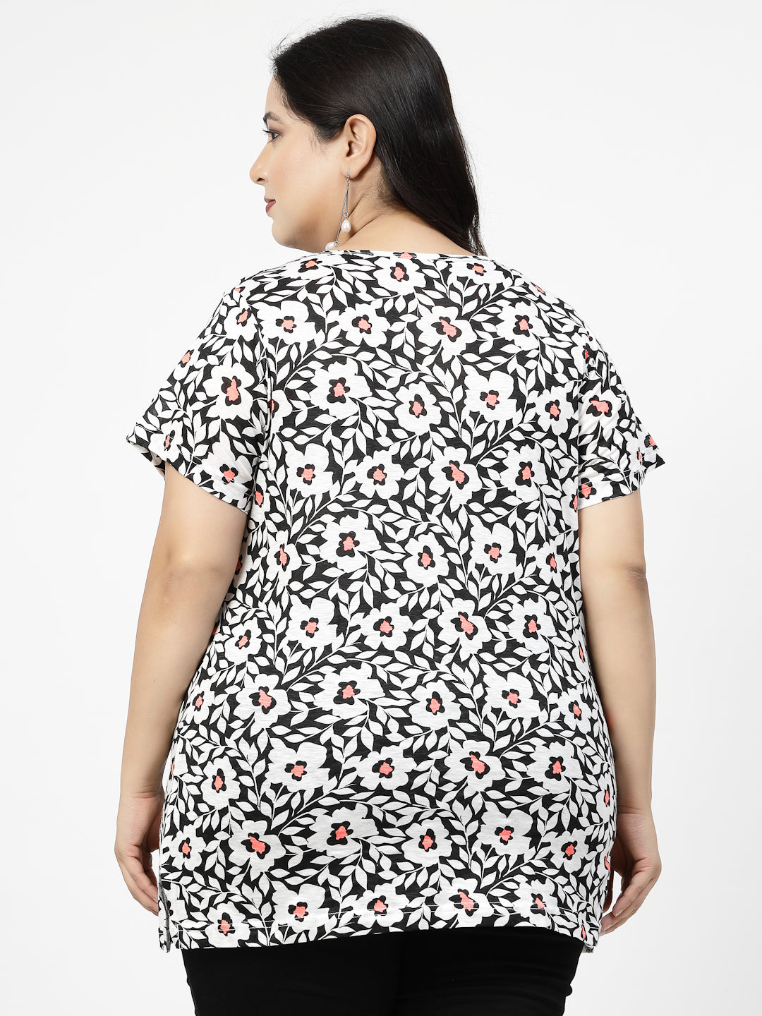 Plus Size Black Floral Printed Cotton T-shirt