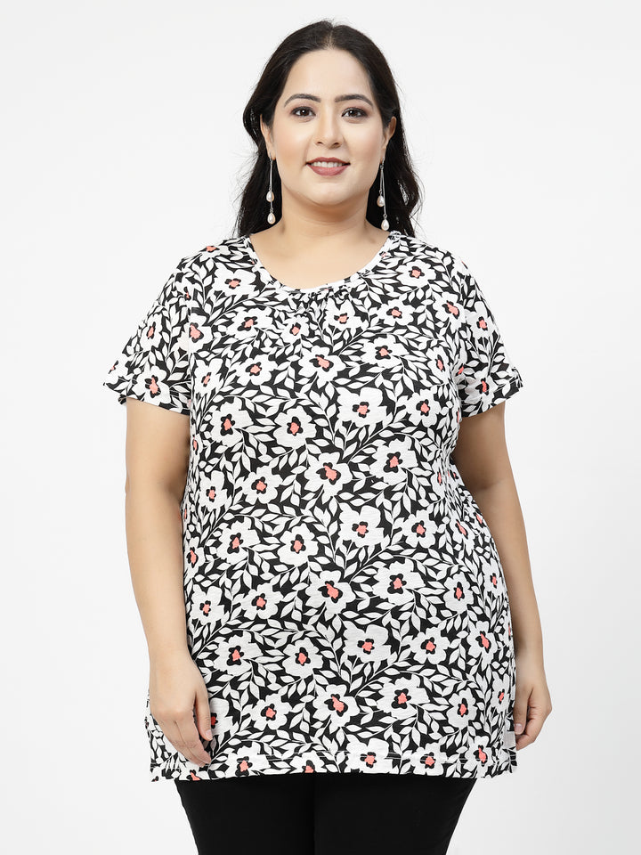 Plus Size Black Floral Printed Cotton T-shirt