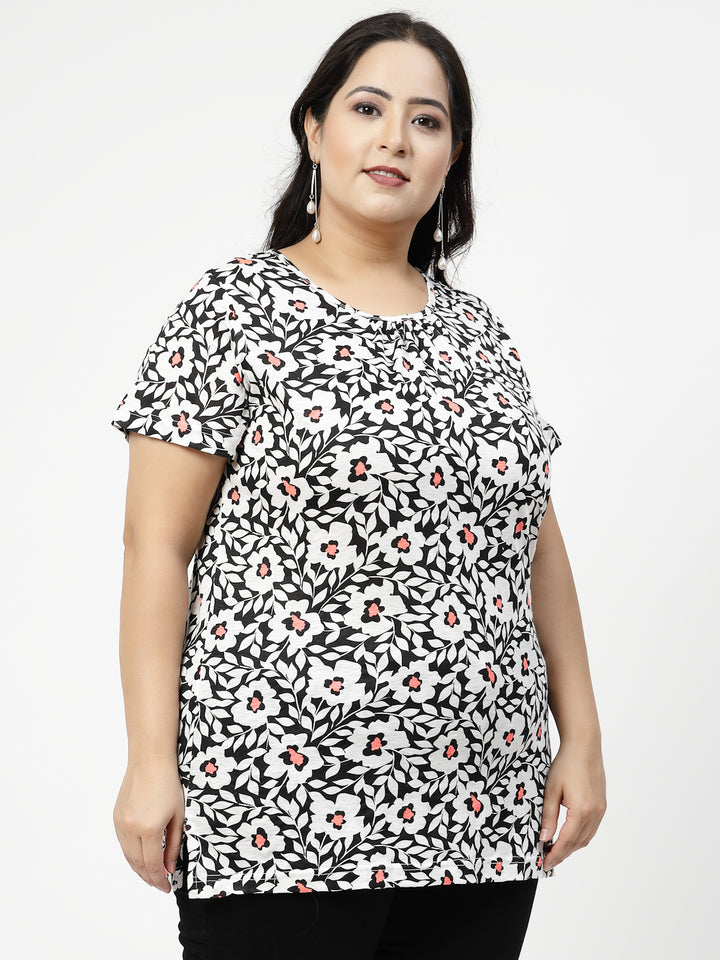 Plus Size Black Floral Printed Cotton T-shirt