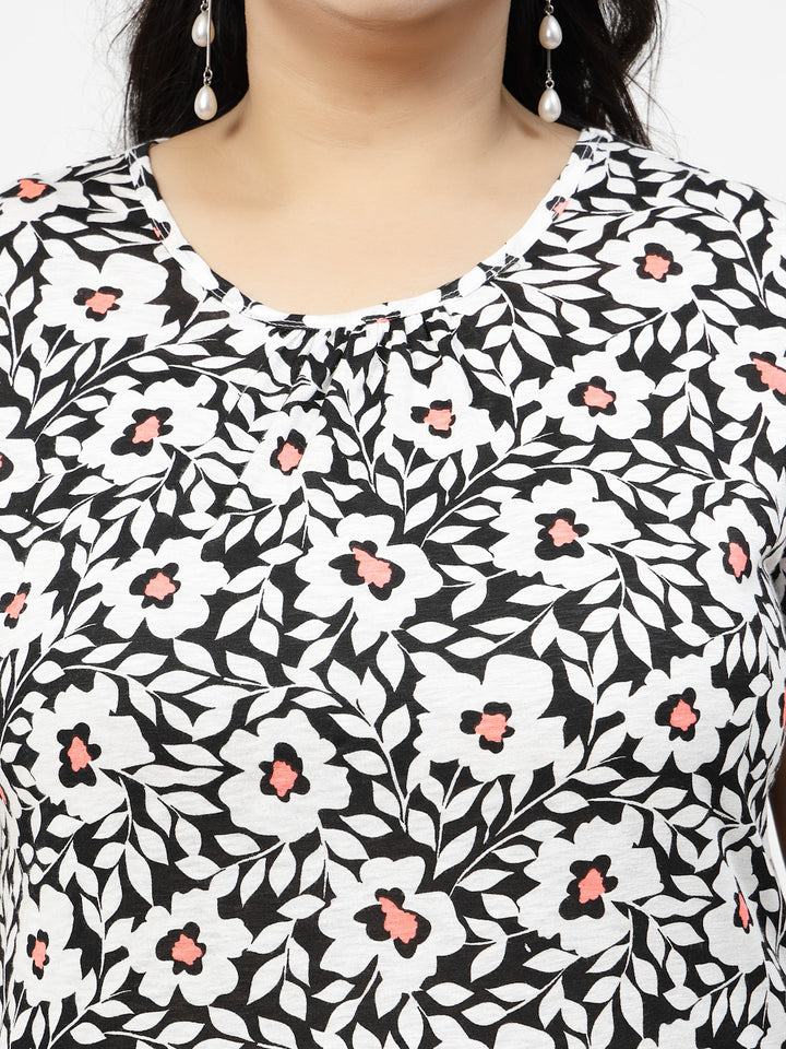 Plus Size Black Floral Printed Cotton T-shirt