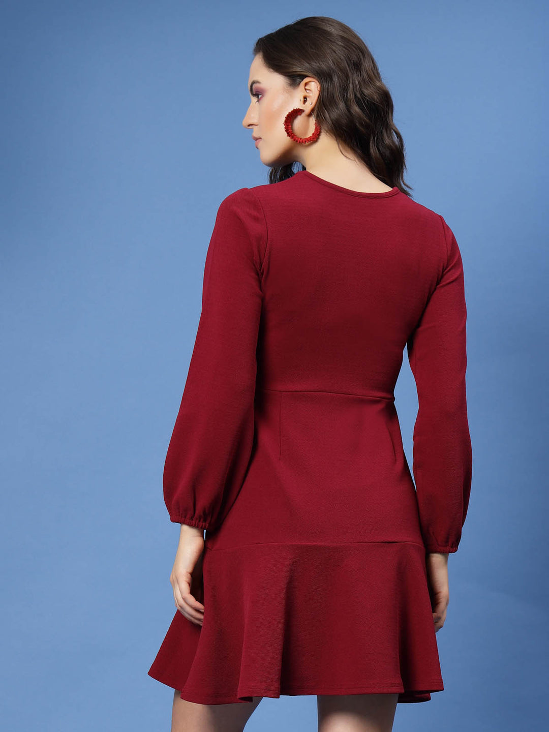 Maroon Keyhole Neck Puff Sleeve Fit  Flare Dress