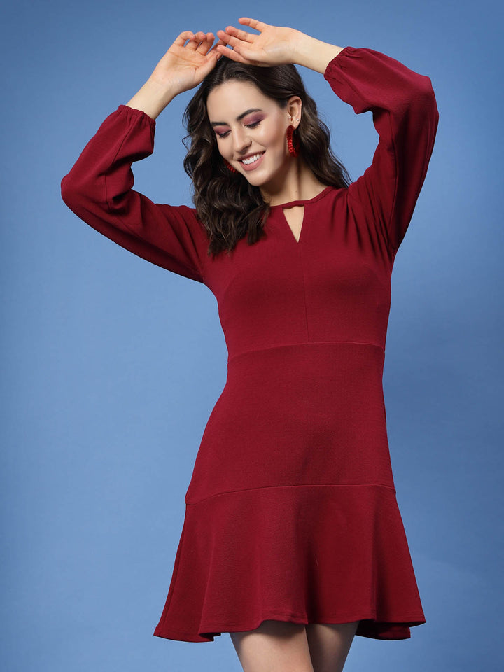 Maroon Keyhole Neck Puff Sleeve Fit  Flare Dress