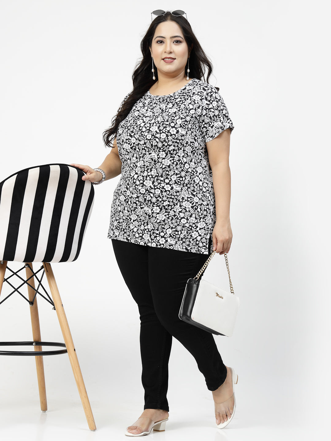 Plus Size Black Floral Printed Cotton T-shirt