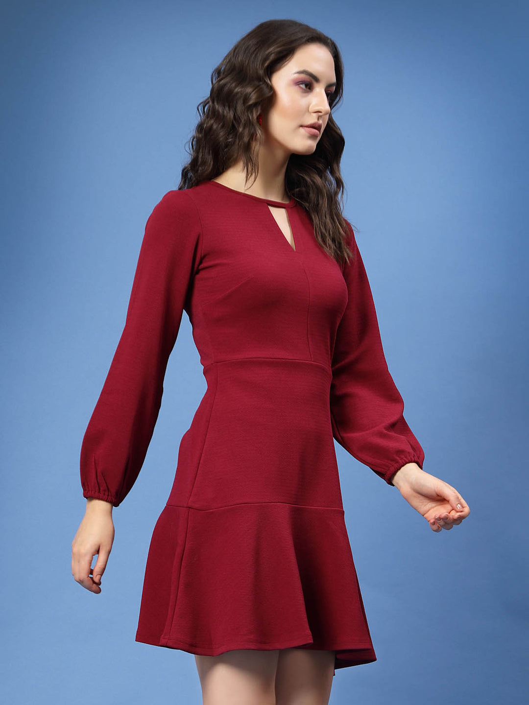 Maroon Keyhole Neck Puff Sleeve Fit  Flare Dress