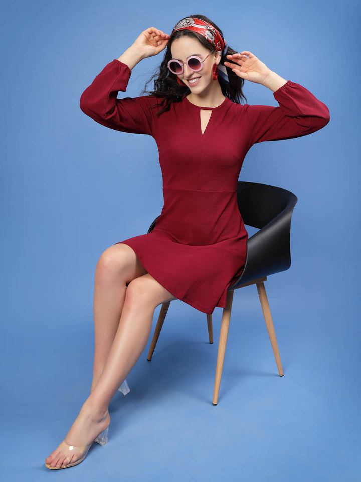 Maroon Keyhole Neck Puff Sleeve Fit  Flare Dress