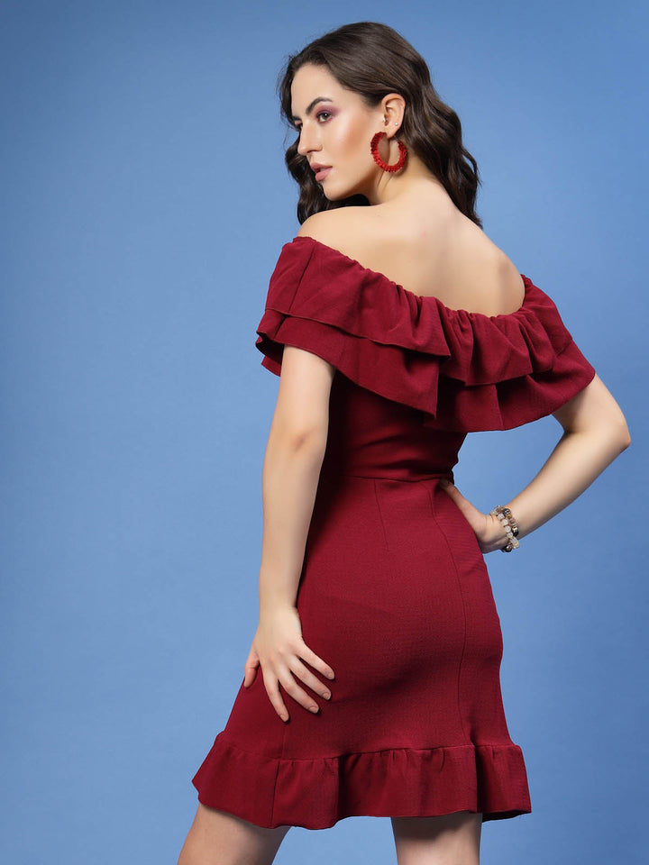 Maroon Off-Shoulder Ruffles Sheath Dress