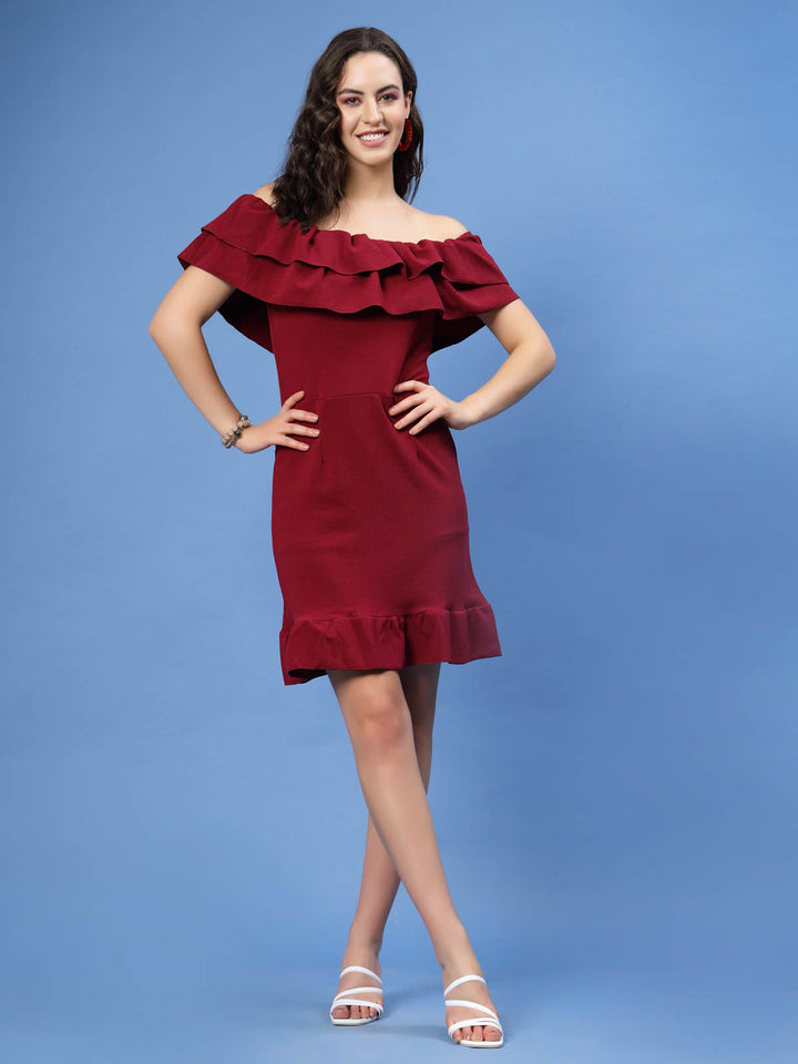 Maroon Off-Shoulder Ruffles Sheath Dress