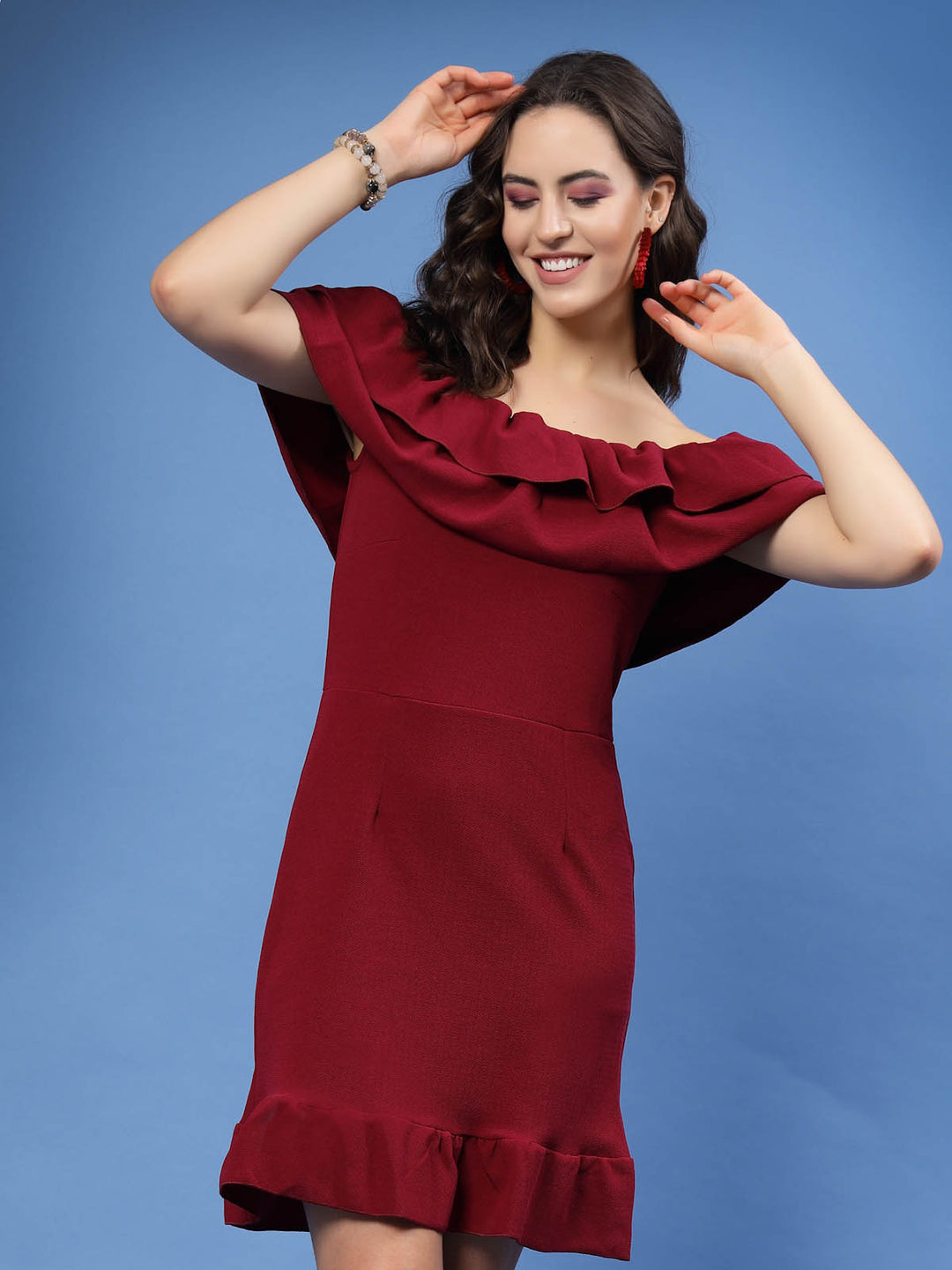 Maroon Off-Shoulder Ruffles Sheath Dress