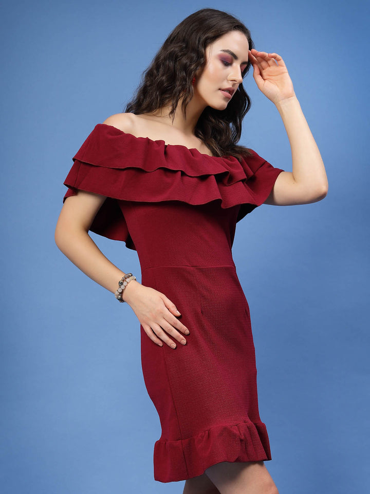 Maroon Off-Shoulder Ruffles Sheath Dress