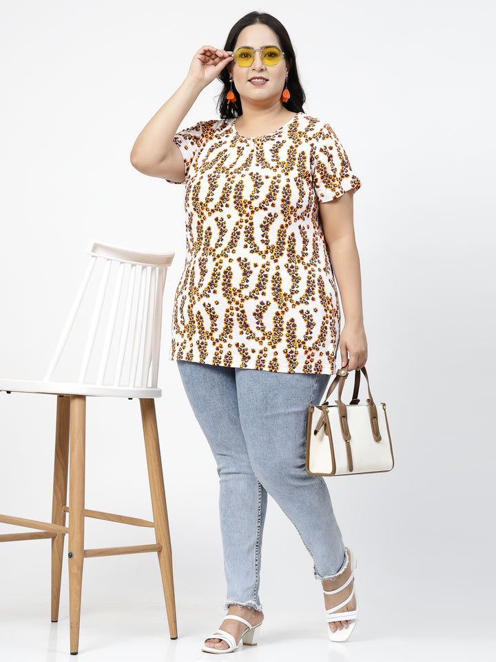 Plus Size White Floral Printed Cotton T-shirt